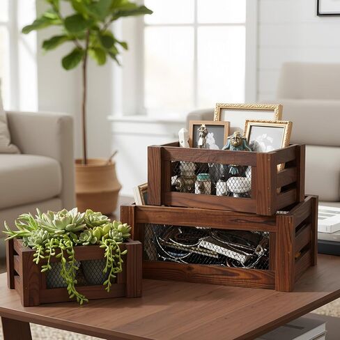Kathfly Set of 3 Rustic Nesting Crates, Wooden Organizer Boxes Basket, Small Decorative Wood Wire Containers with Handle for Countertop, Fruit, Veggies, Kitchen, Bathroom, Pantry Storage in Saudi Arabia