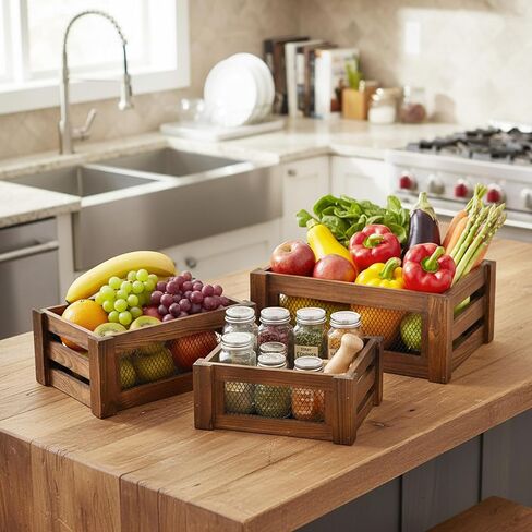 Kathfly Set of 3 Rustic Nesting Crates, Wooden Organizer Boxes Basket, Small Decorative Wood Wire Containers with Handle for Countertop, Fruit, Veggies, Kitchen, Bathroom, Pantry Storage in Saudi Arabia