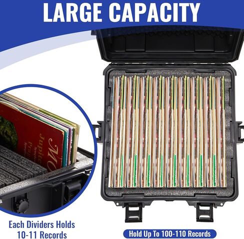 صندوق تخزين تسجيلات الفينيل القابل للتكديس يحمل 110 سجلاً | رغوة واقية عالية الكثافة | صندوق تخزين ذو قشرة صلبة مع غطاء ومقابض | مجموعة حافظات منظم ألبومات LP القيمة مقاس 7/10/12 بوصة in Kuwait