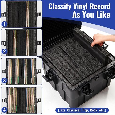 صندوق تخزين تسجيلات الفينيل القابل للتكديس يحمل 110 سجلاً | رغوة واقية عالية الكثافة | صندوق تخزين ذو قشرة صلبة مع غطاء ومقابض | مجموعة حافظات منظم ألبومات LP القيمة مقاس 7/10/12 بوصة in Kuwait