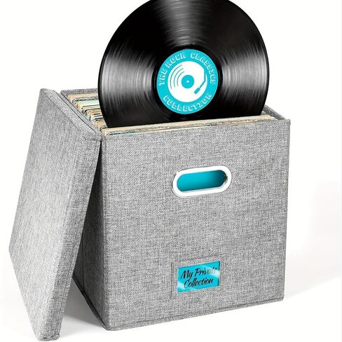 2-Pack Vinyl Record Storage Box, 13 x 13 x13 Inches Vinyl Crate Album Organizer with Lid, Decorative LP Record Moving Boxes Holds up to Single 100 Records Collection, Foldable & Stackable File Box in Kuwait