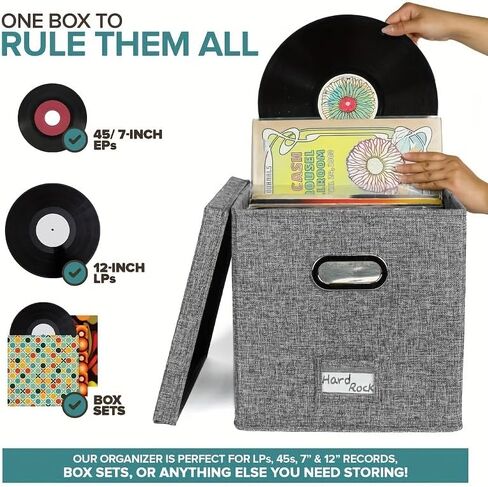 2-Pack Vinyl Record Storage Box, 13 x 13 x13 Inches Vinyl Crate Album Organizer with Lid, Decorative LP Record Moving Boxes Holds up to Single 100 Records Collection, Foldable & Stackable File Box in Kuwait