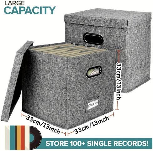 2-Pack Vinyl Record Storage Box, 13 x 13 x13 Inches Vinyl Crate Album Organizer with Lid, Decorative LP Record Moving Boxes Holds up to Single 100 Records Collection, Foldable & Stackable File Box in Kuwait