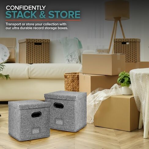 2-Pack Vinyl Record Storage Box, 13 x 13 x13 Inches Vinyl Crate Album Organizer with Lid, Decorative LP Record Moving Boxes Holds up to Single 100 Records Collection, Foldable & Stackable File Box in Kuwait