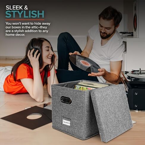 2-Pack Vinyl Record Storage Box, 13 x 13 x13 Inches Vinyl Crate Album Organizer with Lid, Decorative LP Record Moving Boxes Holds up to Single 100 Records Collection, Foldable & Stackable File Box in Kuwait