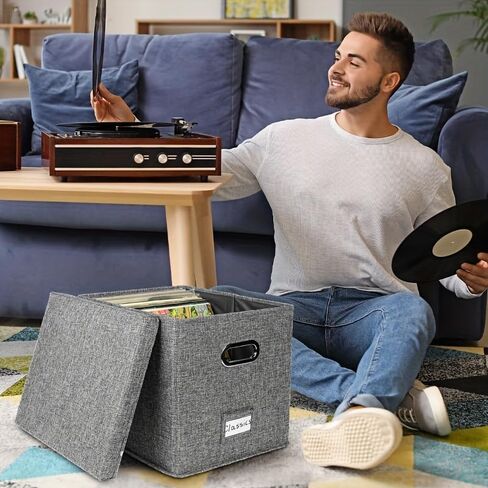 2-Pack Vinyl Record Storage Box, 13 x 13 x13 Inches Vinyl Crate Album Organizer with Lid, Decorative LP Record Moving Boxes Holds up to Single 100 Records Collection, Foldable & Stackable File Box in Kuwait