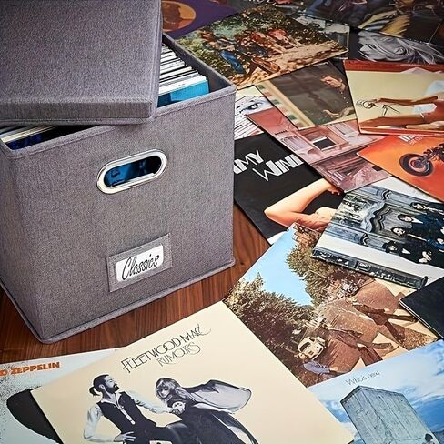 2-Pack Vinyl Record Storage Box, 13 x 13 x13 Inches Vinyl Crate Album Organizer with Lid, Decorative LP Record Moving Boxes Holds up to Single 100 Records Collection, Foldable & Stackable File Box in Kuwait