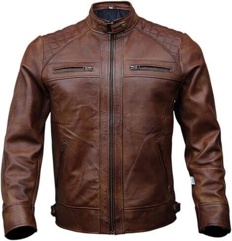 Genuine Leather Men's cafe racer jacket Sheepskin Stand Collar Trucker real leather Jacket in Saudi Arabia