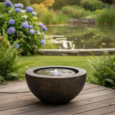 XBrand 19.8" W Round Sphere Water Fountain Indoor Outdoor with LED Light, Polyresin Bubbler Feature for Patio Garden Yard Home Décor, Bronze in Saudi Arabia