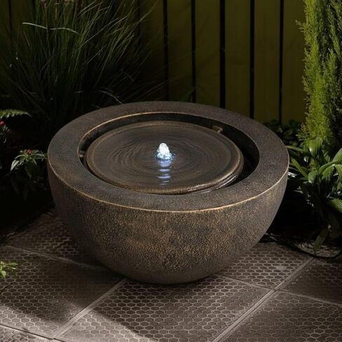 XBrand 19.8" W Round Sphere Water Fountain Indoor Outdoor with LED Light, Polyresin Bubbler Feature for Patio Garden Yard Home Décor, Bronze in Saudi Arabia