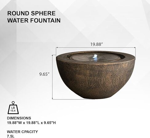 XBrand 19.8" W Round Sphere Water Fountain Indoor Outdoor with LED Light, Polyresin Bubbler Feature for Patio Garden Yard Home Décor, Bronze in Saudi Arabia