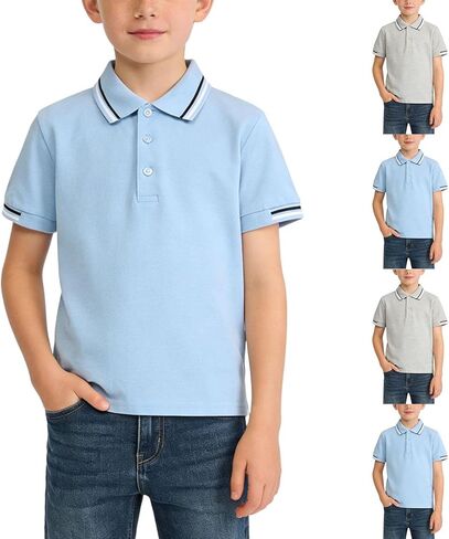 Kids Uniform Shirts Striped Lapel Button Closure Short Sleeve Blouses Plain Color Cute Summer Golf Tee Tops Size 2-15 in Kuwait