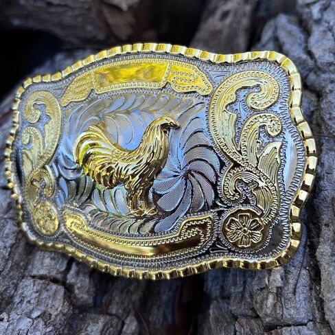 إبزيم الحزام الغربي للديك الذهبي | طراز شارو روديو المكسيكي للرجال | اكسسوار كاوبوي بتصميم جالو | يناسب أحزمة مقاس 5 سم | مستوحاة من فاكويرو in Saudi Arabia