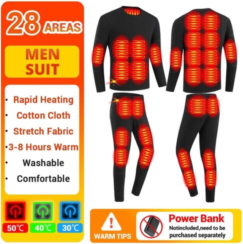 مجموعة ملابس داخلية حرارية للرجال 28 منطقة USB للتدفئة الكهربائية سترة تزلج شتوية سراويل طويلة جونز، أسود، 6XL in Kuwait