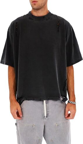 Men's Distressed Casual Oversized Heavyweight Drop Shoulder Garment Dye T-Shirt Tee Short Sleeve in Kuwait