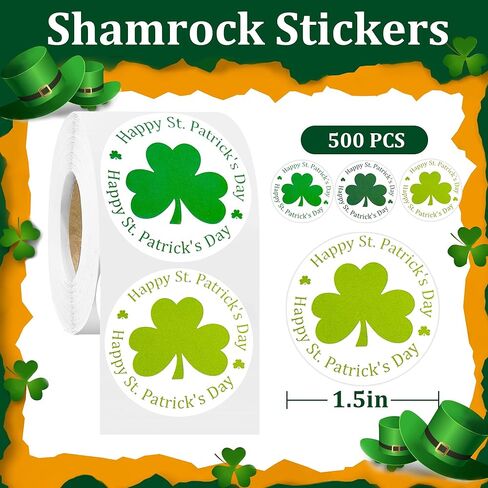 ملصقات يوم القديس باتريك، ملصقات شامروك، 1.5 بوصة × 1.5 بوصة 500 قطعة لكل لفة، زينة يوم القديس باتريك (أخضر) in Kuwait