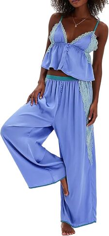Aonoapll Women Satin Silk Pajama Set Lace Ruffle Cami Top and Pants Lounge Set 2 Piece Silky Pjs Sleepwear in Saudi Arabia