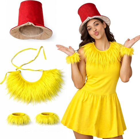 4 Pcs Storybook Character Costume for Adult Halloween Accessories Red Top Hat, Yellow Faux Fur Collar, Wristband in Saudi Arabia
