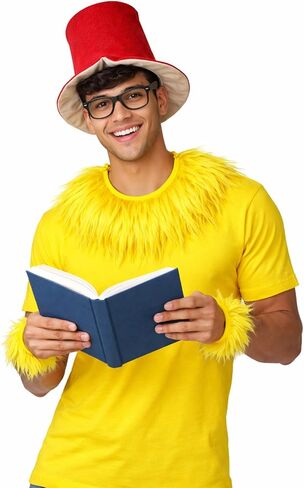 4 Pcs Storybook Character Costume for Adult Halloween Accessories Red Top Hat, Yellow Faux Fur Collar, Wristband in Saudi Arabia