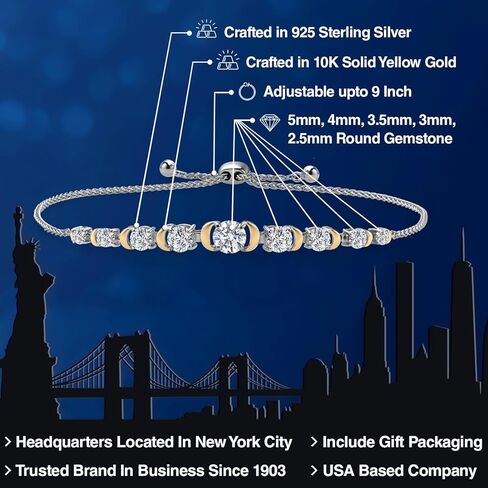 Gem Stone King Round Lab Grown Diamond 1.70 Cttw Graduated Bracelet For Women | 925 Silver and 10K Yellow Gold | DEF Color | VVS-VS Clarity | Adjustable Bolo Bracelet | Easy-On Easy-Off in Saudi Arabia