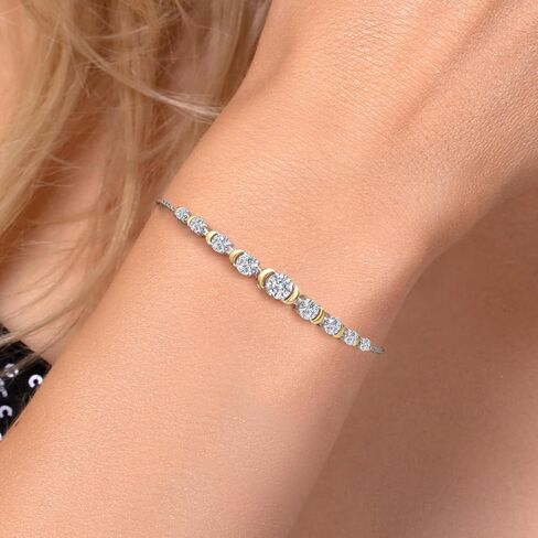 Gem Stone King Round Lab Grown Diamond 1.70 Cttw Graduated Bracelet For Women | 925 Silver and 10K Yellow Gold | DEF Color | VVS-VS Clarity | Adjustable Bolo Bracelet | Easy-On Easy-Off in Saudi Arabia