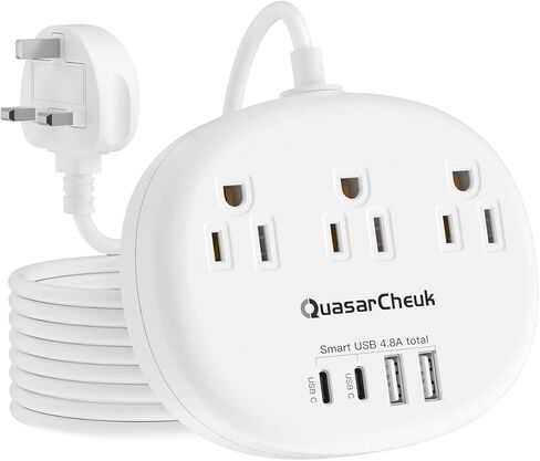 European Travel Plug Adapter, US to Europe Plug Adapter with 3 AC Outlets and 3 USB, Type E/F - International Power Strip for USA to Europe EU Germany France Iceland Greece Spain, 4ft, White in Saudi Arabia