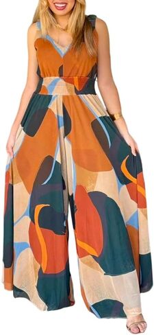 CHICME Women’s Abstract Print V Neck Jumpsuit Wide Leg High Cinched Waist Backless Sleeveless Chic Vacation Beach Romper in Saudi Arabia
