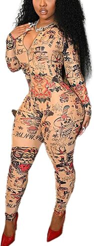 Sexy Jumpsuits for Women Stretchy Slim Zipper Colorful Print One Piece Going Out Sexy Club Outfits for Women 2026 in Saudi Arabia