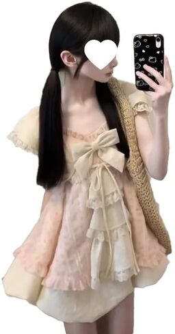 Sweet Lolita Bow Lace Dress Women Puff Sleeve Ruffle Layered Skirt Princess Style Vintage Kawaii Outfits in Kuwait