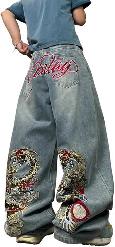 Men's Baggy Jeans Dragon Embroidered Wide Leg Jeans Hip Hop Loose Fit Denim Pants Streetwear in Kuwait