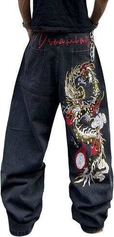 Men's Baggy Jeans Dragon Embroidered Wide Leg Jeans Hip Hop Loose Fit Denim Pants Streetwear in Kuwait