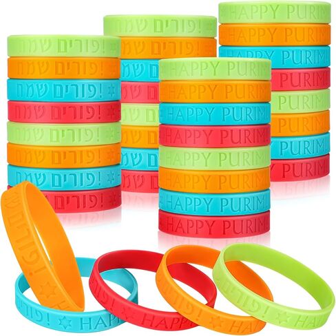 200 Pcs Happy Purim Rubber Bracelets Unisex Silicone Wristbands Solid Colored Stretch Bracelets Bulk for Men Women Teens Purim Party Events Jewish Carnival Holiday, 4 Colors in Saudi Arabia