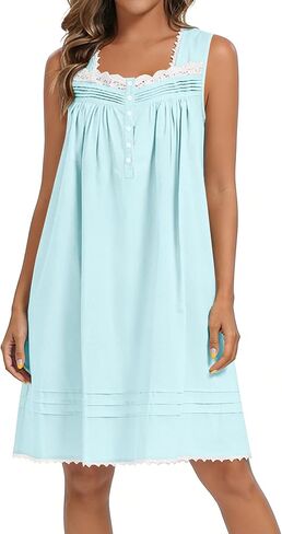 YOZLY 100% Cotton Nightgowns for Women Sleeveless Embroidery Night Gown Sleepwear with Pockets S-XXXL in Kuwait