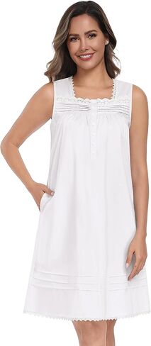 YOZLY 100% Cotton Nightgowns for Women Sleeveless Embroidery Night Gown Sleepwear with Pockets S-XXXL in Saudi Arabia