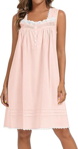 YOZLY 100% Cotton Nightgowns for Women Sleeveless Embroidery Night Gown Sleepwear with Pockets S-XXXL in Saudi Arabia