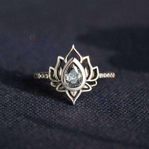 White Gold Plated Cubic Zirconia Chinese Style Flame-shaped Lotus Statement Ring Personalized Accessory Ideal for Women's Daily Casual Wear Party Holiday Anniversary Love Jewelry Gift in Saudi Arabia