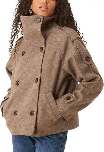 Womens Cropped Pea Coat Wool Blend Double Breasted Notched Stand Collar Trench Overcoat Jackets Fall Casual Outwear in Saudi Arabia