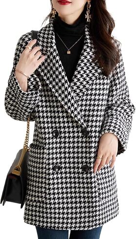 SOMTHRON Women's Houndstooth Blazer Jackets Double Breasted Notch Lapel Trench Coat Peacoat Plaid Overcoat in Saudi Arabia