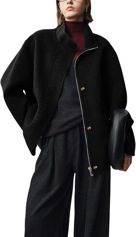 chouyatou Women's Winter Stand Collar Wool Trench Coat Zip Up Dressy Casual Short Pea Coat Overcoat with Pockets in Saudi Arabia