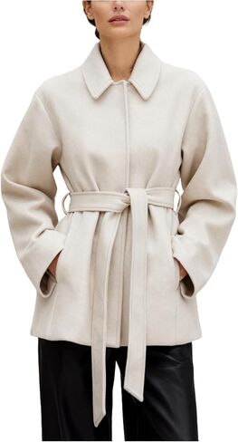 UANEO Coat for Women Wool Blend Short Peacoat Overcoat Button Tie Belt Winter Pea Coat with Pockets (Beige-S) in Saudi Arabia