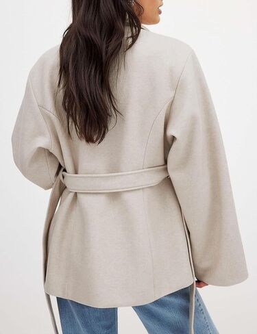UANEO Coat for Women Wool Blend Short Peacoat Overcoat Button Tie Belt Winter Pea Coat with Pockets (Beige-S) in Saudi Arabia