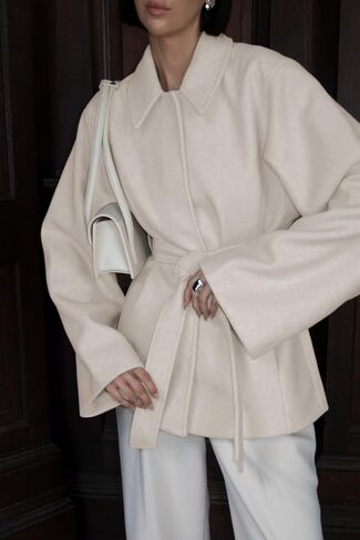 UANEO Coat for Women Wool Blend Short Peacoat Overcoat Button Tie Belt Winter Pea Coat with Pockets (Beige-S) in Saudi Arabia