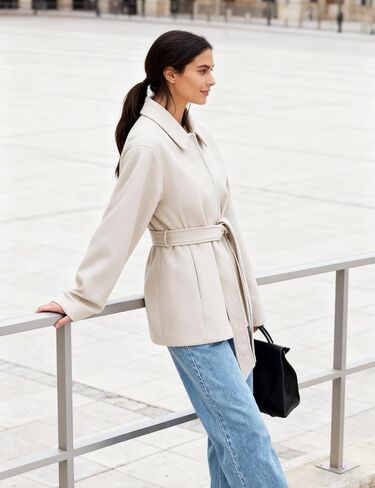 UANEO Coat for Women Wool Blend Short Peacoat Overcoat Button Tie Belt Winter Pea Coat with Pockets (Beige-S) in Saudi Arabia