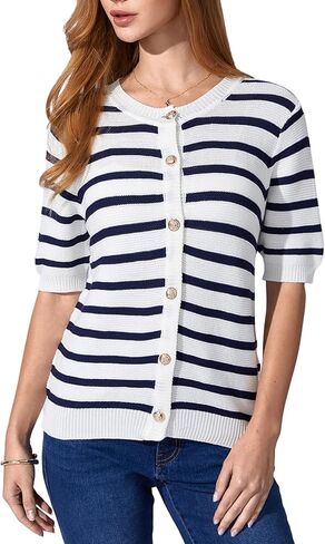 OYOANGLE Women's Short Sleeve Sweater Spring Summer Crochet Knit Top V Neck Striped Button Down Dressy Casual Blouse in Saudi Arabia