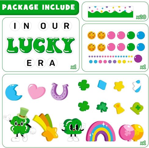 St. Patrick's Day Bulletin Board Decoration Set, March Lucky Era Classroom Decorations Lucky Charms Shamrock Rainbow Clover Cutouts Irish Holiday Library School Home Window Wall Door Decor for Teacher in Kuwait