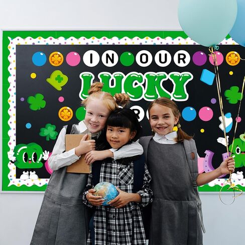 St. Patrick's Day Bulletin Board Decoration Set, March Lucky Era Classroom Decorations Lucky Charms Shamrock Rainbow Clover Cutouts Irish Holiday Library School Home Window Wall Door Decor for Teacher in Kuwait