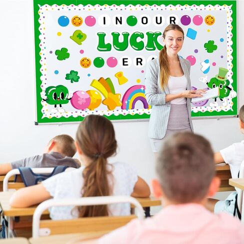 St. Patrick's Day Bulletin Board Decoration Set, March Lucky Era Classroom Decorations Lucky Charms Shamrock Rainbow Clover Cutouts Irish Holiday Library School Home Window Wall Door Decor for Teacher in Kuwait