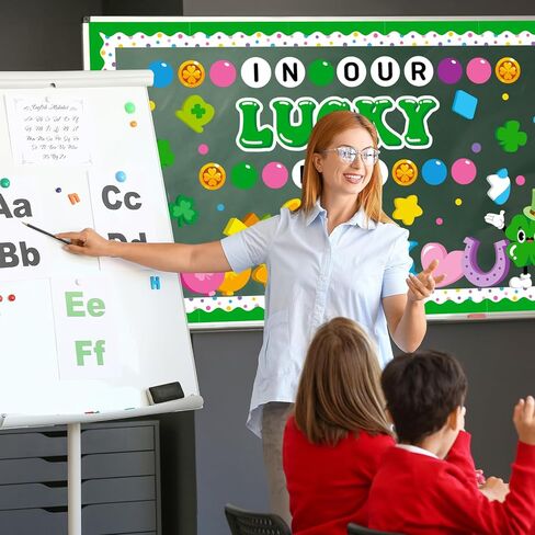 St. Patrick's Day Bulletin Board Decoration Set, March Lucky Era Classroom Decorations Lucky Charms Shamrock Rainbow Clover Cutouts Irish Holiday Library School Home Window Wall Door Decor for Teacher in Kuwait