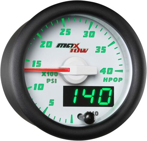MaxTow Double Vision 4,000 PSI High Pressure Oil Pressure HPOP Gauge - Compatible with Power Stroke Diesel Engines 1994-2003 7.3L & 2003-2007 6.0L - White Gauge Face - Green LED Dial - 2-1/16" 52mm in Kuwait