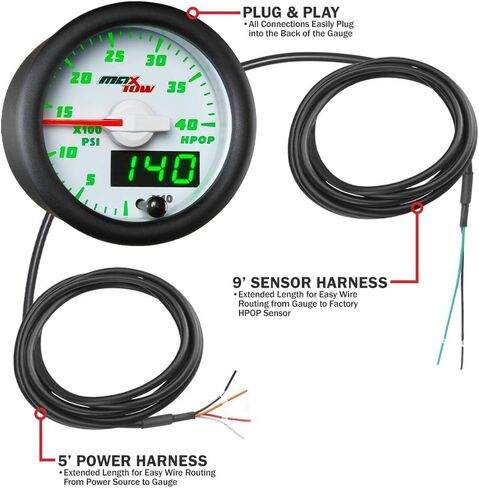 MaxTow Double Vision 4,000 PSI High Pressure Oil Pressure HPOP Gauge - Compatible with Power Stroke Diesel Engines 1994-2003 7.3L & 2003-2007 6.0L - White Gauge Face - Green LED Dial - 2-1/16" 52mm in Kuwait